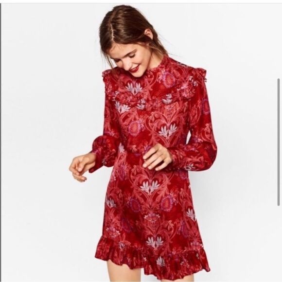Zara Alexis Rose Mulberry Red Paisley Print Ruffle Peasant Mini Dress Size XS - Picture 1 of 11